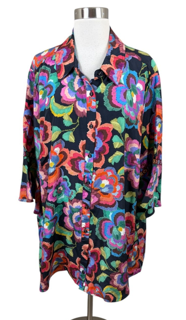 Johnny Was Workshop 2X Silk Black Watercolor Floral Embroidered Tunic Blouse